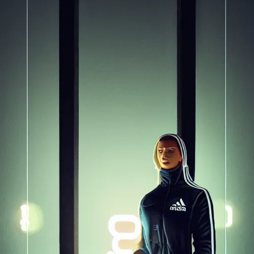 Image similar to portrait of attractive slav heroine wearing an addidas tracksuit with a phone in hand. illuminated phone screen, by greg rutkowski and wlop, detailed, cinematic, 8 k, intricate, rule of thirds.