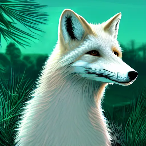 Prompt: digital greenest and whiter fox, retrowave palette, digital world, highly detailed, electric breeze, anatomically correct vulpine, synth feel, fluffy face, ear floof, flowing fur, super realism, accurate animal imagery, 4 k digital art