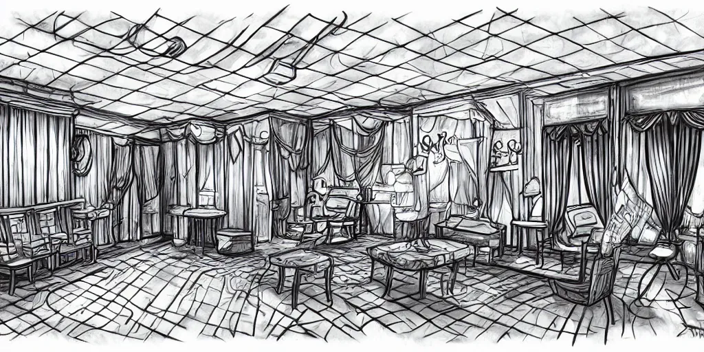 Image similar to a dimly lit, theater dressing room, with a mirror, a chair, a couch, day of the tentacle style, drawn by Peter Chan, 5 point perspective