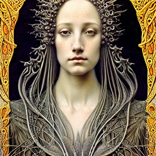 Prompt: detailed realistic beautiful young medieval queen face portrait by jean delville, gustave dore, iris van herpen and marco mazzoni, art forms of nature by ernst haeckel, art nouveau, symbolist, visionary, gothic, pre - raphaelite, horizontal symmetry, fractal lace