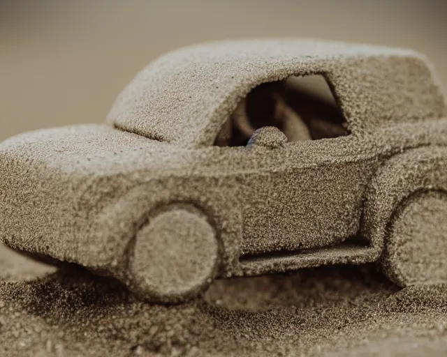 Image similar to 8 5 mm food photography of a car made of sand near a garden with dof and bokeh and flowers o