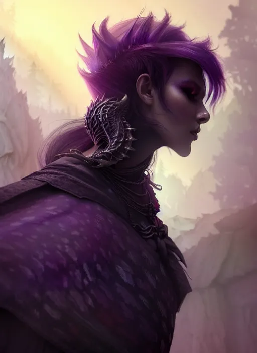 Image similar to side portrait crow, adventurer outfit large cloak, fantasy forest landscape, dragon scales, fantasy magic, undercut hairstyle, short purple black fade hair, dark light night, intricate, elegant, sharp focus, illustration, highly detailed, digital painting, concept art, matte, art by WLOP and Artgerm and Greg Rutkowski and Alphonse Mucha, masterpiece