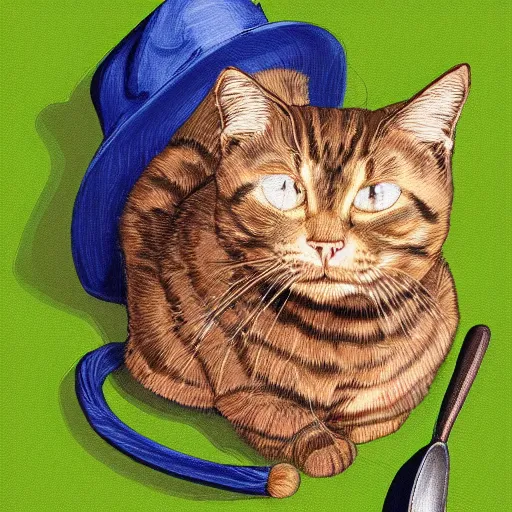 Image similar to cat sat on a mat wearing a hat and holding a bat, digital art, smooth, sharp focus