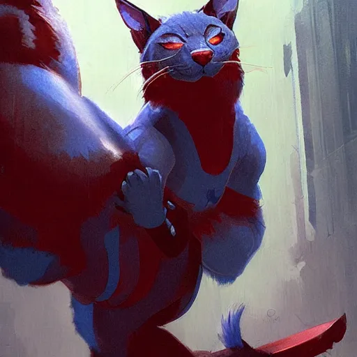 Image similar to blue cat eating red sable painting by eddie mendoza, greg rutkowski