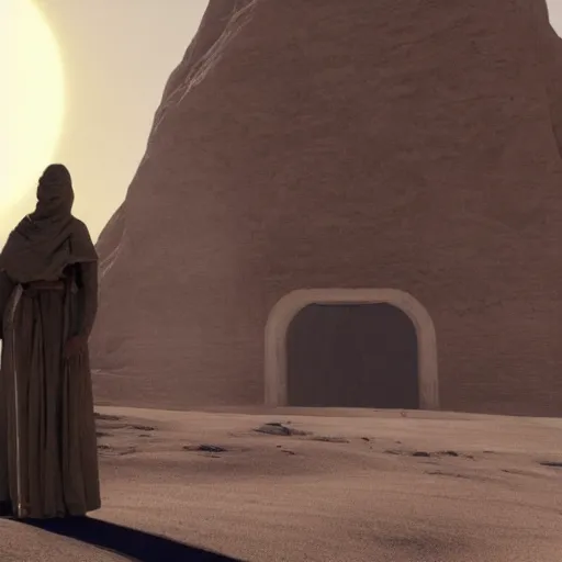 Prompt: a still of from the movie lawrence of arabia crossover with the game myst