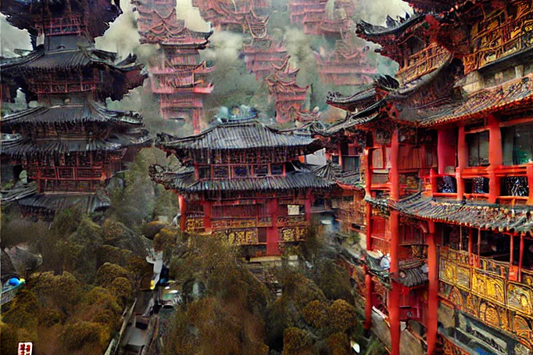 Image similar to cyberpunk chinese ancient castle, fantasy, painting by Gustav Klimt, greg rutkowski and alphonse mucha