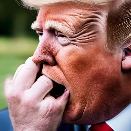 Image similar to candid portrait photo of president trump shoving a ball of paper into his mouth, eating a wad of paper, detailed portrait, 4 k, megapixel, sony a 7 s, f / 8, 2 4 mm lens