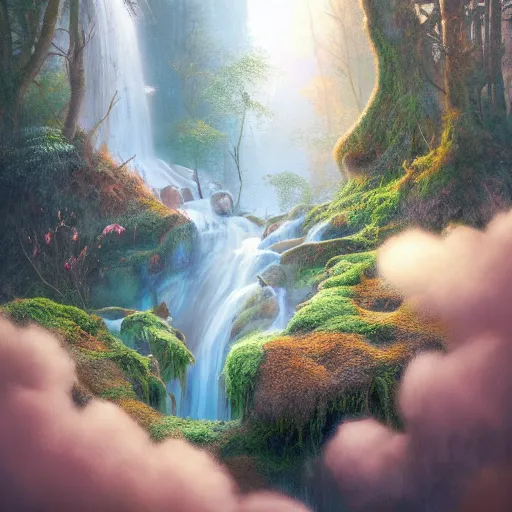 Image similar to tom bagshaw, soft painting render curiosities pond vegetation rocks covered moss scintillating, beautiful waterfall fox, accurate features, focus, very intricate ultrafine details, random volumetric lighting, dense fog, award winning masterpiece, octane render 8 k hd, artstation