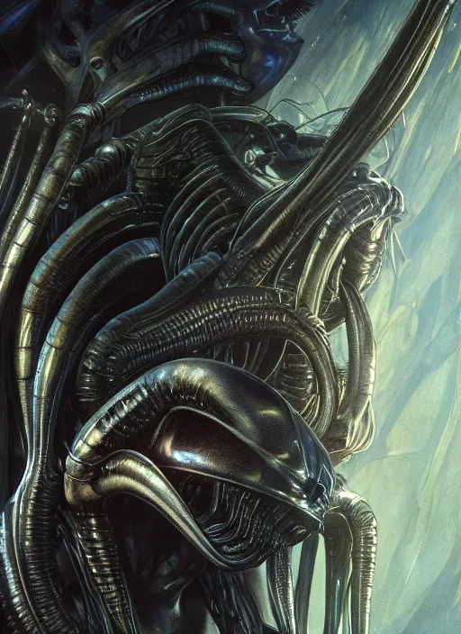 Image similar to alien vs predator physically accurate, moody dynamic lighting, very very intricate, very very elegant, highly detailed, digital painting, artstation, HR GIGER, Hieronymus Bosch, Francis Bacon, concept art, smooth, very beautiful, sharp focus, illustration, art by artgerm and greg rutkowski and alphonse mucha