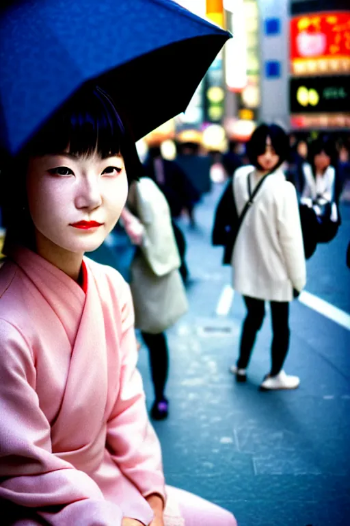 Prompt: dynamic street photography portrait of a pretty and beautiful japanese woman sitting at shibuya crossing, shot on cinestill 5 0 d with a 3 5 mm lens aperture f / 5. 6, dynamic composition, close up, full frame, full res sharp focus, realistic