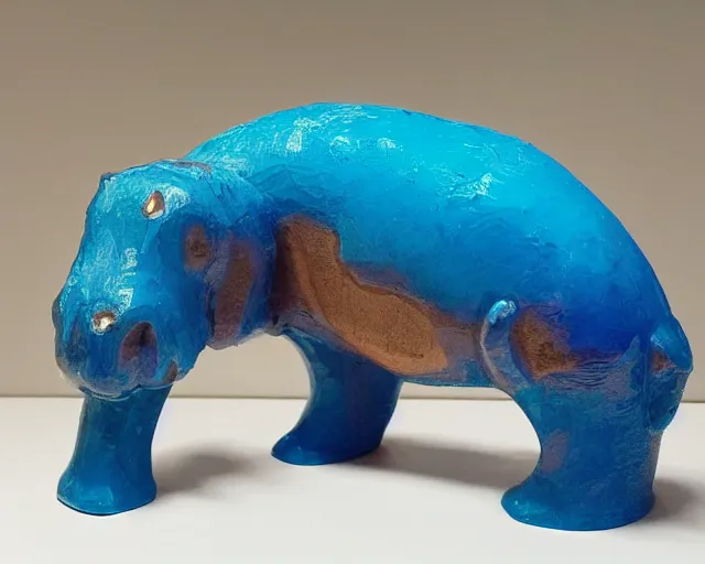Image similar to a sculpture of hippo baby, half wood carved half blue translucid resin epoxy, cubic blocks, side view centered, mixmedia