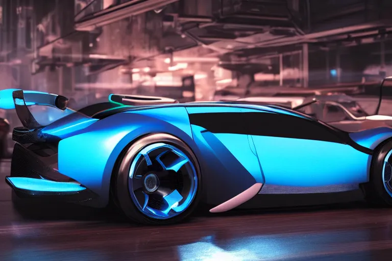 Image similar to cyberpunk bugatti concept inspired sports car, futuristic look, highly detailed body, very expensive, photorealistic camera shot, bright studio setting, studio lighting, crisp quality and light reflections, unreal engine 5 quality render