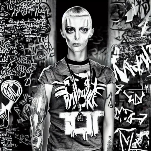 Image similar to die antwoord chappie, back and white, zef design graffiti in the background, dark lighting, digital art