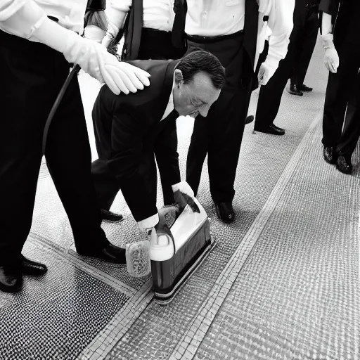 Prompt: mario draghi cleaning a train toilet, realistic black and white full - length photo