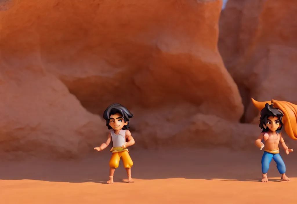 Prompt: side view of young aladdin as nendoroid walking in a desert village, 8 k, hd, dof, kodak film, volumetric lighting, subsurface scattering, photorealistic, octane render