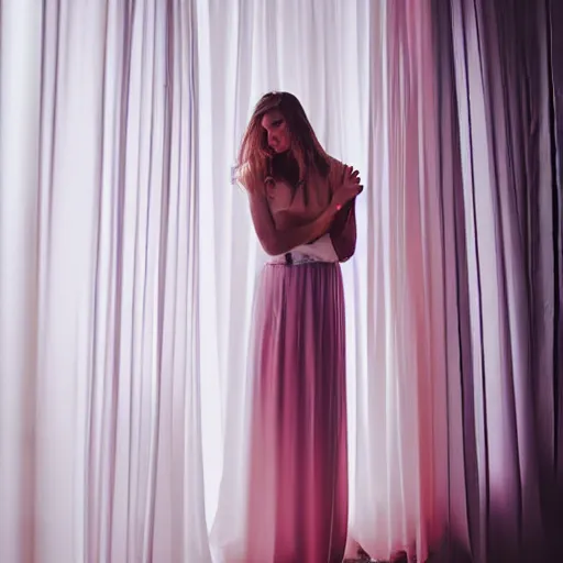 Image similar to photography of female models behind white curtains in old victorian room, dramatic light, cinestill, flying black marble balls, filmstill, bokeh, long exposure, god rays, magic hour, pink light, warm colors