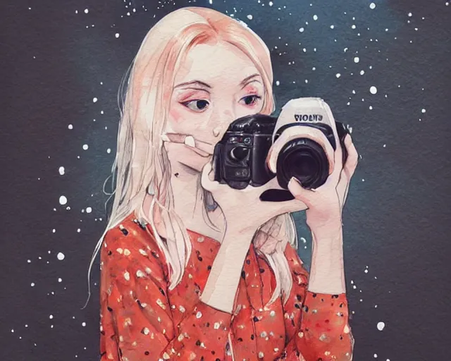 Prompt: pale young woman with bright blonde hair, freckles, big bright eyes and a very wide face, flowery dress, she is holding a professional dslr camera close to her face with her hands, expressive, surrealism, emotional watercolor art by conrad roset