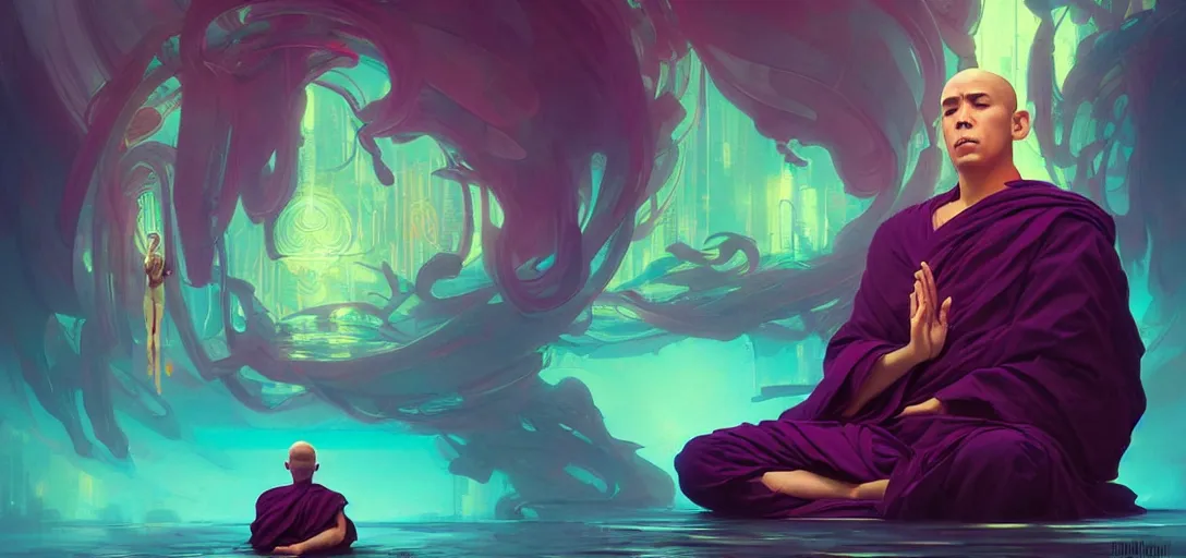 Image similar to a floating monk meditating, channeling swirling energy, wearing cyberpunk clothing, vaporwave aesthetic, colorful, psychedelic, digital painting, artstation, concept art, smooth, sharp focus, illustration, art by artgerm and greg rutkowski and alphonse mucha