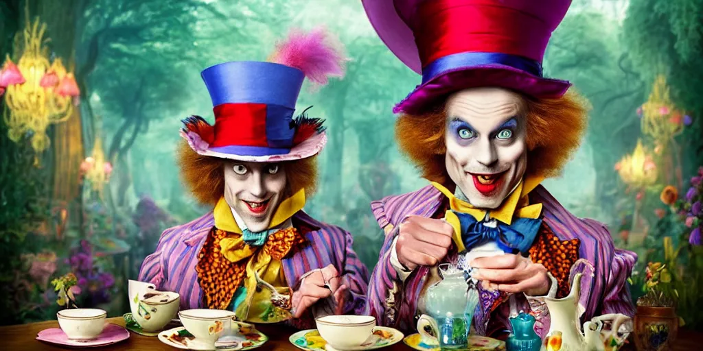 Image similar to The Mad Hatter teaparty, Alice in wonderland, colorful, wide angle, super highly detailed, professional digital painting, artstation, concept art, smooth, sharp focus, no blur, no dof, extreme illustration, Unreal Engine 5, Photorealism, HD quality, 8k resolution, cinema 4d, 3D, beautiful, cinematic, art by artgerm and greg rutkowski and alphonse mucha and loish and WLOP