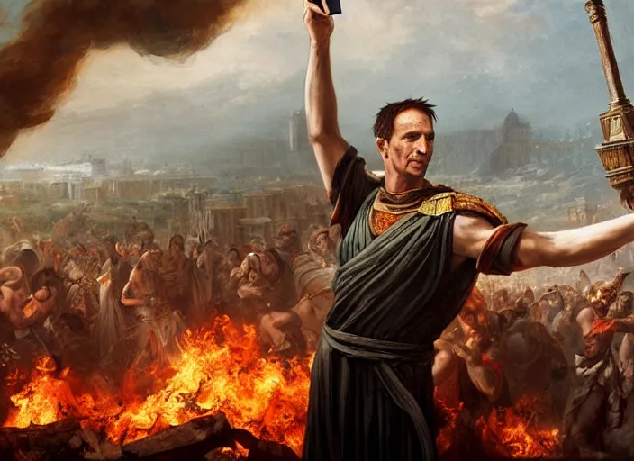 Image similar to julius caesar taking a selfie with an iphone as rome burns behind him by wlop and raymond swanland