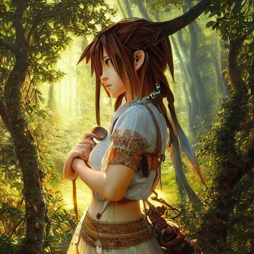 Prompt: intricate detailed portrait painting of sora from kingdom hearts a beautiful forest meadow, temple ruins surrounded by lush forest, afternoon, intricate, elegant, highly detailed, digital painting, sharp, focus, illustration art by artgerm and greg rutkowski and alphonse mucha