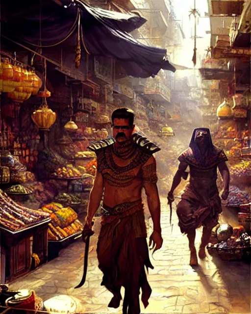 Image similar to fantasy concept art by craig mullins depicting colin farrell as an ancient egyptian rogue walking through a busy oriental market