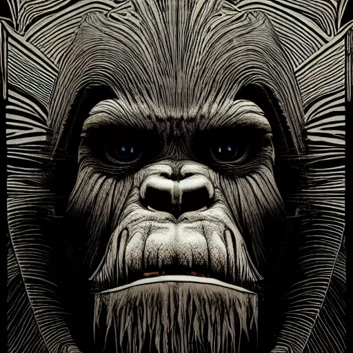 Image similar to cinematic portrait of a bigfoot, Intricate, desaturated, shepard fairey, Wayne Barlowe, Bruce Pennington, donato giancola, larry elmore, maxfield parrish, Moebius, Thomas Ehretsmann, screen print, gouache painting, masterpiece, trending on artstation, cinematic composition, dramatic pose, volumetric lighting, sharp, details, hyper-detailed, HD, 4K, 8K