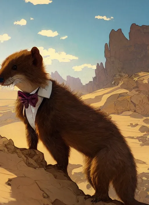 Image similar to Character portrait of a happy furry anthro weasel wearing a bowtie in the desert wilderness, intricate, elegant, highly detailed, digital painting, artstation, concept art, smooth, sharp focus, illustration, art by Krenz Cushart and Artem Demura and alphonse mucha