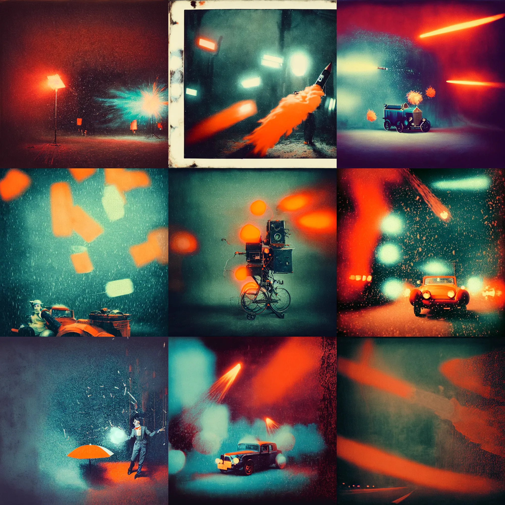 Prompt: kodak portra 4 0 0, wetplate, muted colours, blueberry and orange and teal, movie clockwerk orange, 1 9 2 0 s style, motion blur, portrait photo of a backdrop, explosions, rockets, bombs, sparkling, snow, fog, by georges melies and by britt marling