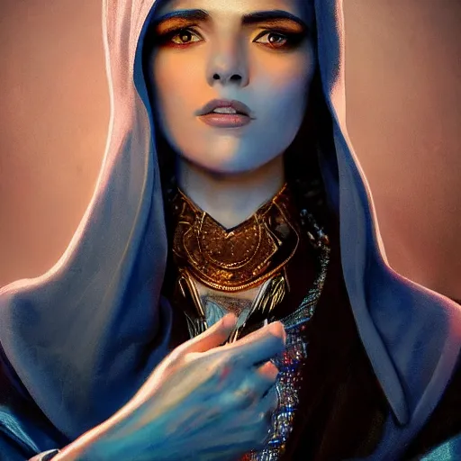 Image similar to Arab Ameera Al taweel, blue eyes, leather, oil colors, elegant, sharp focus, beautiful face, Hyper-realistic, Highly Detailed, HD, Dramatic Lighting by Brom, by beeple, studio ghibli, wallpaper, highly detailed, trending on artstation