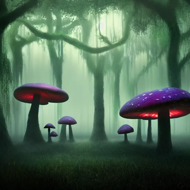Prompt: a misty swamp with giant mushrooms, at night, beautiful lighting, mystical colors, octane, 4 k, trending on artstation