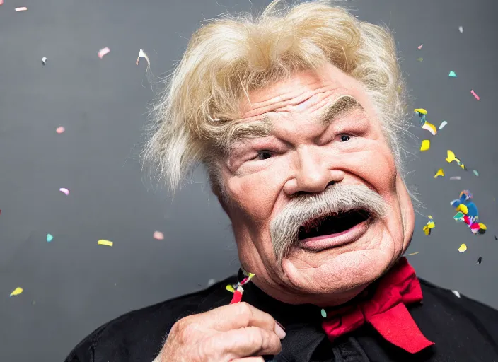 Image similar to photo still of rip taylor in a jail cell!!!!!!!! at age 6 3 years old 6 3 years of age!!!!!!! throwing confetti from a bucket, 8 k, 8 5 mm f 1. 8, studio lighting, rim light, right side key light