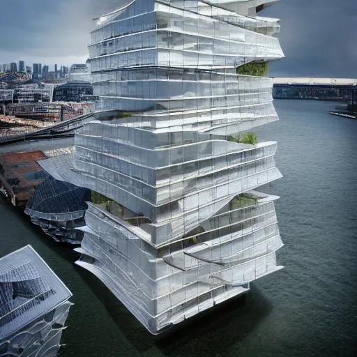 Image similar to a incredible cutting edge new building on the London waterfront designed by bjarke ingels, photo by Annie Leibovitz