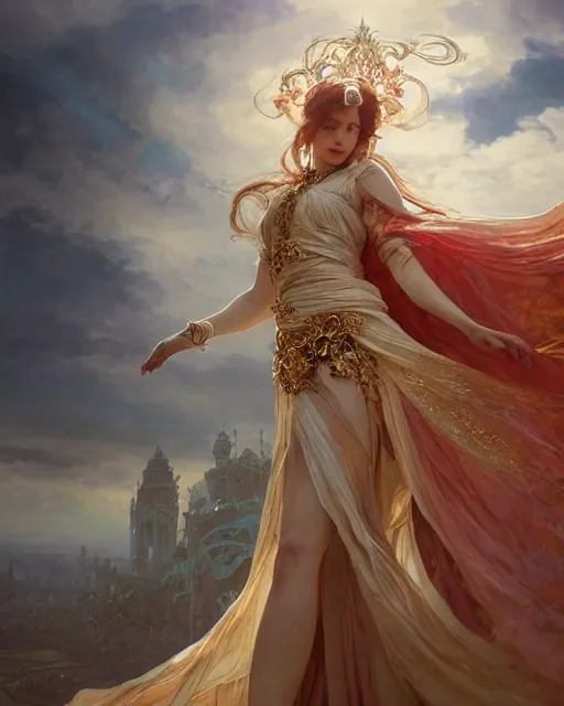 Image similar to a beautiful close up portrait of a sorceress floating on air with elegant looks, flowing robe, ornate and flowing, intricate and soft by ruan jia, tom bagshaw, alphonse mucha, wlop, beautiful roman architectural ruins in the background, epic sky, vray render, artstation, deviantart, pinterest, 5 0 0 px models