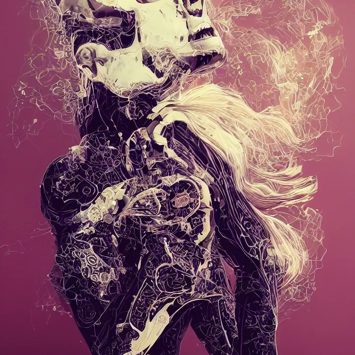 Prompt: portrait of rosie huntington-whiteley as a skull in a suit. intricate abstract. intricate artwork. nightmare fuel. by Tooth Wu, wlop, beeple, dan mumford. octane render, trending on artstation, greg rutkowski very coherent symmetrical artwork. cinematic, hyper realism, high detail, octane render, 8k, iridescent accents