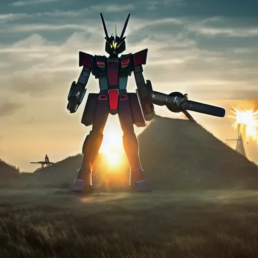 Image similar to gundam as dutch windmill in gundam, gundam is windmill shaped, dutch windmill gundam, in gears of war, splash art, movie still, cinematic lighting, ray tracing, octane render, long lens, shallow depth of field, bokeh, anamorphic lens flare, 8 k, hyper detailed, 3 5 mm film grain