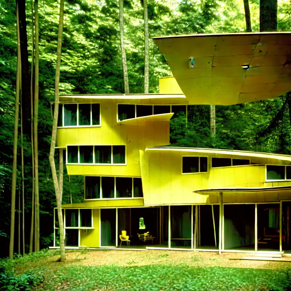 Image similar to a mid-century modern house with big tiles, from afar, in a forest, designed by Frank Gehry. Film grain, cinematic, yellow hue