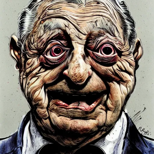 Image similar to George Soros by Ralph Steadman, illustration, body horror, biopunk