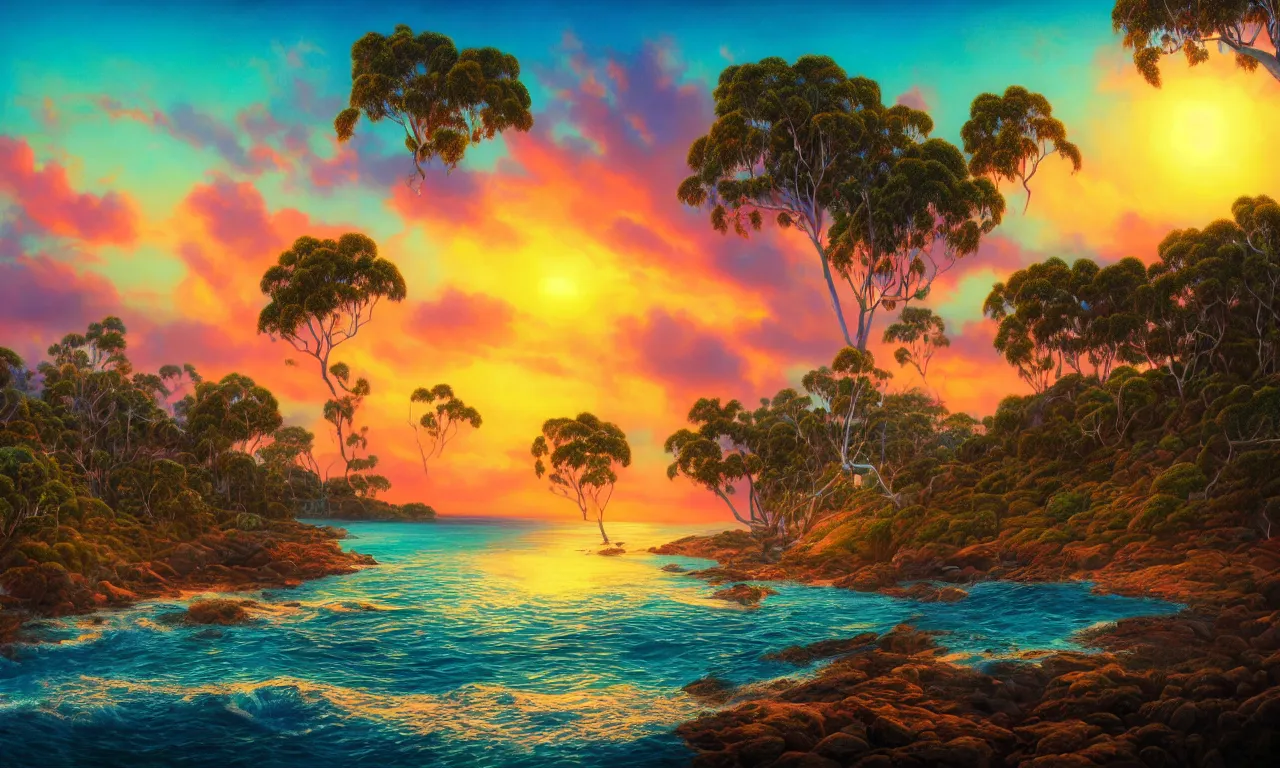 Prompt: Beautiful Australian island sunrise, Mark Ryden style, vivid colors, high details, cinematic, 8k resolution, beautiful detailed, photorealistic, digital painting, happy vibes, artstation, concept art, smooth, sharp focus, illustration, fantasy background, artstation trending, octane render, unreal engine