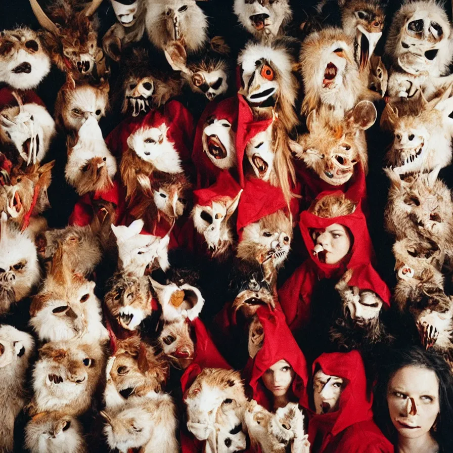 Prompt: cult members with taxidermic moth masks and red peak hood in a spiral tunnel, cinestill 8 0 0 t 3 5 mm, heavy grain, high quality, high detail