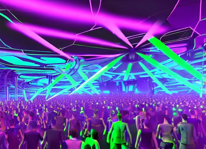 Prompt: a futuristic nightclub with neon laser show, highly detailed crowd of people, viewed from a massive beautiful dj stage in the style of tomorrowland, highly symmetrical, massive scale, highly detailed, hd, unreal engine