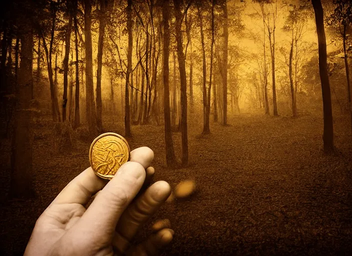 Image similar to old retro burnt out sepia photograph with scratches of an old and wrinkled hand holding a few golden coins with royal engravings. magical forest in the background with bokeh. Antique. High quality 8k. Intricate. Sony a7r iv 35mm. Award winning. Zdzislaw beksinski style