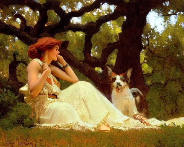 Prompt: painter painting underneath oak tree, painting by gaston bussiere, craig mullins, j. c. leyendecker