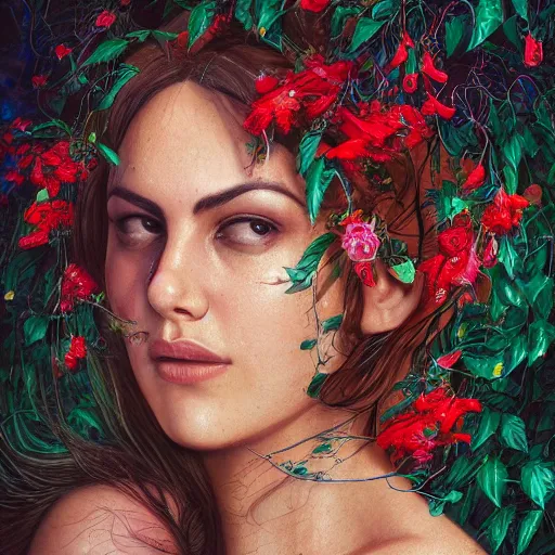 Image similar to head and shoulder portrait of monica belucci surrounded by hummingbirds and fine floral ornaments, eye - level medium - angle shot, intricate, floral background, by esao andrews, by m. w. kaluta, by yoshita amano, moody evening lightingnatural lighting, smooth, 3 d octane render, depth perception, 4 k,, artstation