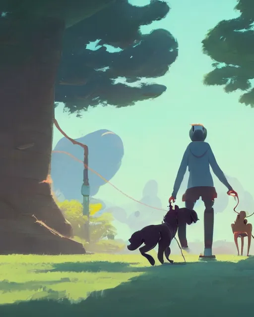 Image similar to a robot taking his dog for a stroll through nature, cory loftis, james gilleard, atey ghailan, makoto shinkai, goro fujita, character art, rim light, exquisite lighting, clear focus, very coherent, plain background, soft painting