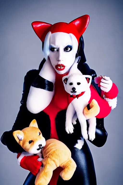 Image similar to lady gaga dressed as harley quinn attacked by plush shiba inu, plush toy, luxury materials, symmetrical, cinematic, elegant, professional studio light, real dlsr photography, sharp focus, 4 k, ultra hd, sense of awe, high fashion