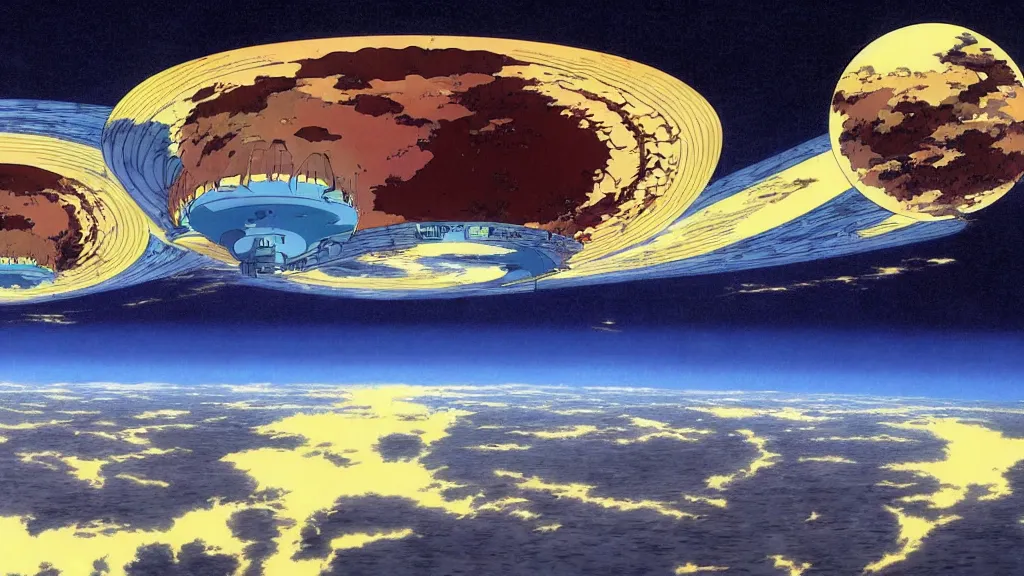 Image similar to a diagram depicting earths layers, anime film still from the an anime directed by katsuhiro otomo with art direction by salvador dali, wide lens