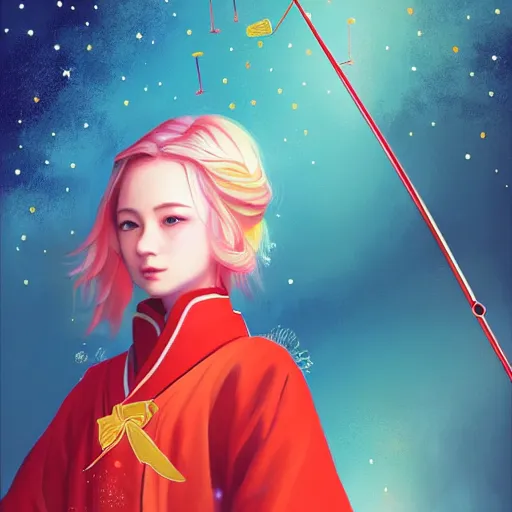 Image similar to colorful and festive captivating teenager girl with blonde hair, red japanese traditional clothes, shooting a firework with bow and arrow at the sky. rich vivid colors, ambient lighting, dynamic lighting, 4 k, atmospheric lighting, painted, intricate, highly detailed by charlie bowater