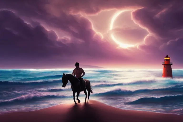 Image similar to photo of man riding a horse along the beach, glowing underwater waves toward a lighthouse in the distance guiding his way, silhouette, wide horizon, large white clouds, night, intricate, elegant, highly detailed, digital painting, artstation, concept art, smooth, sharp focus, illustration, art by artgerm and greg rutkowski and fra angelico