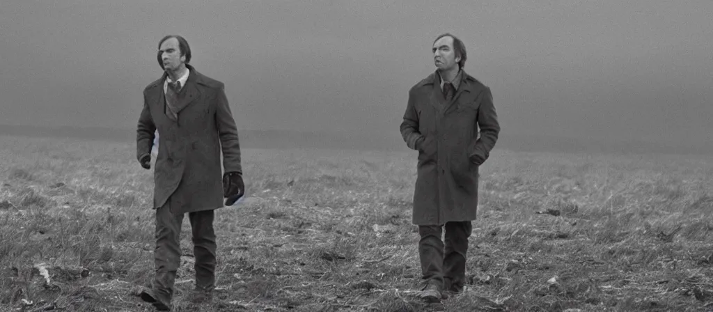 Image similar to A still of Saul Goodman in an Andrei Tarkovsky film, black and white, gloomy